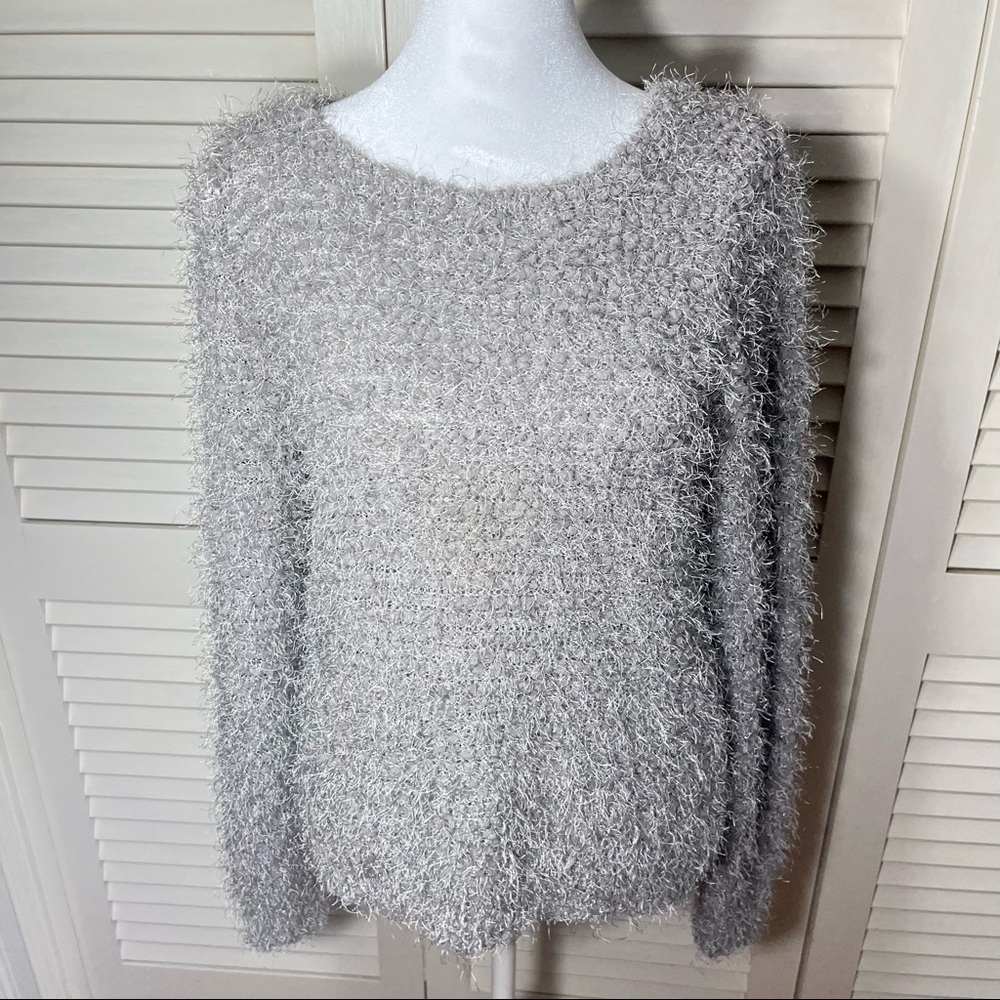 JENNIFER LOPEZ  grey glitter furry size medium sweater tie silk back